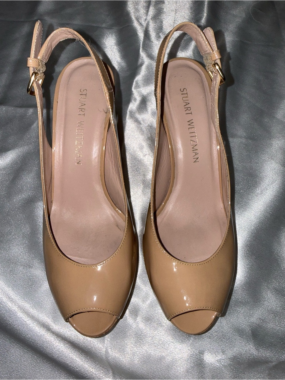 Stuart Weitzman Patent Nude/Tan Peep Toe Slingback wedges